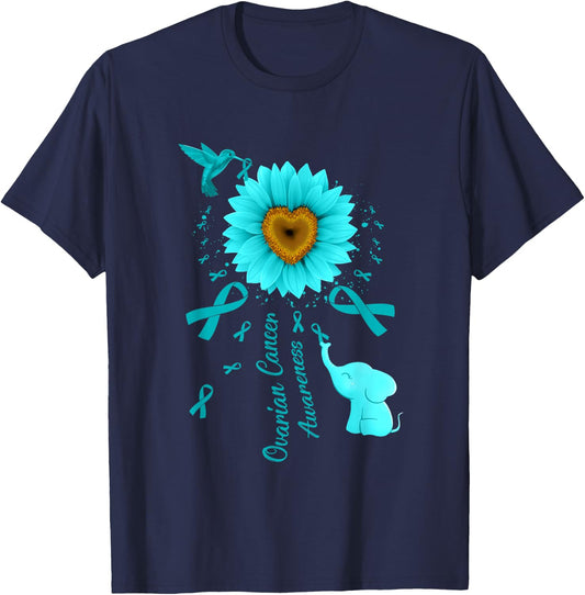 Sunflower Hummingbird Elephant Ovarian Cancer Awareness T-Shirt - T-Shirt | Navy