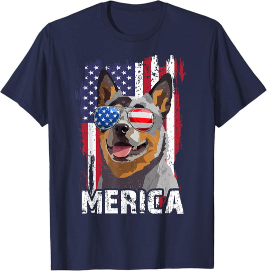 Merica 4th July Australian Cattle Dog US Flag Heeler Mom Dad T-Shirt - T-Shirt | Navy