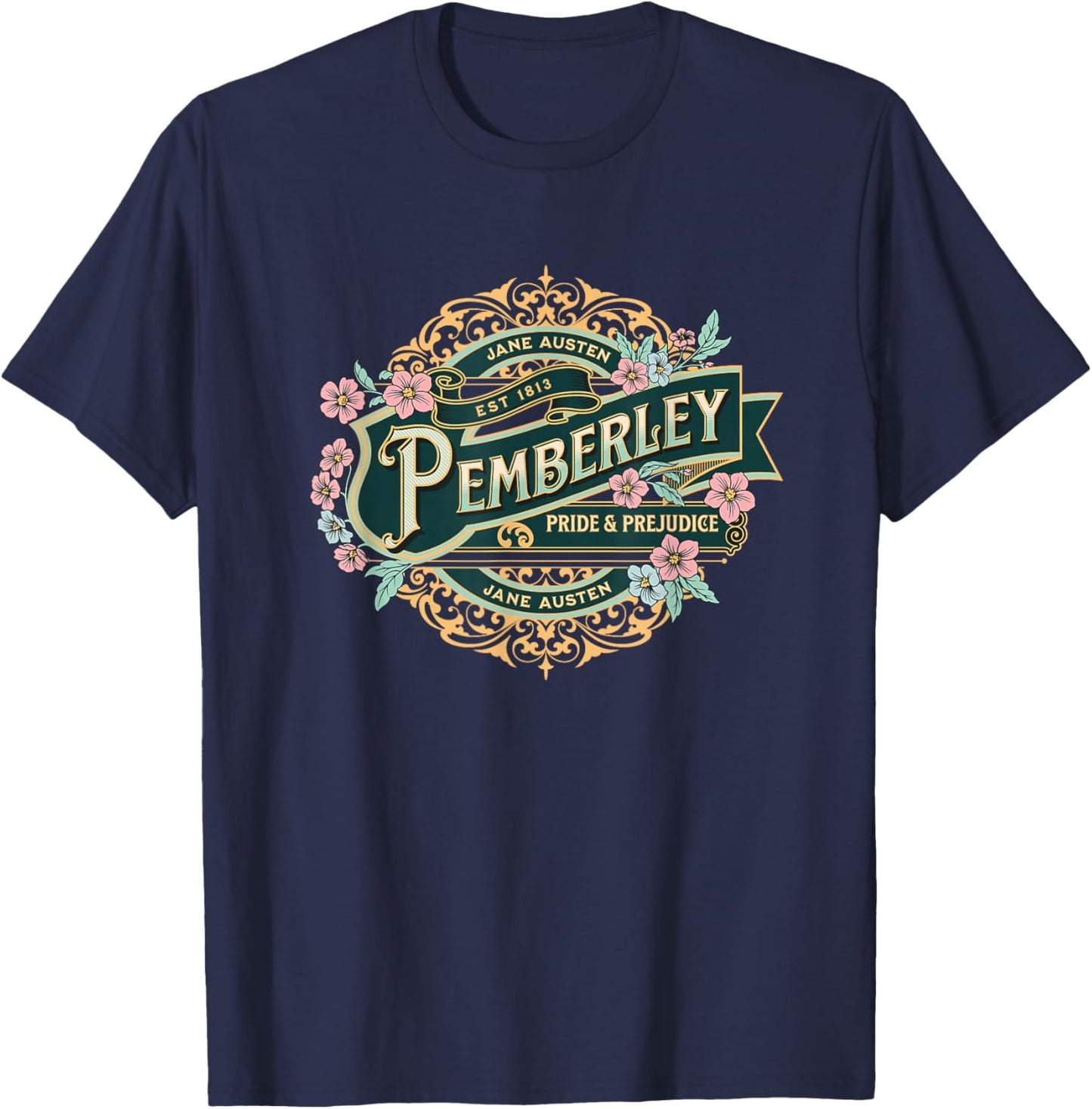 Pemberley Pride and Prejudice Jane Austen Design T-Shirt - T-Shirt | Navy