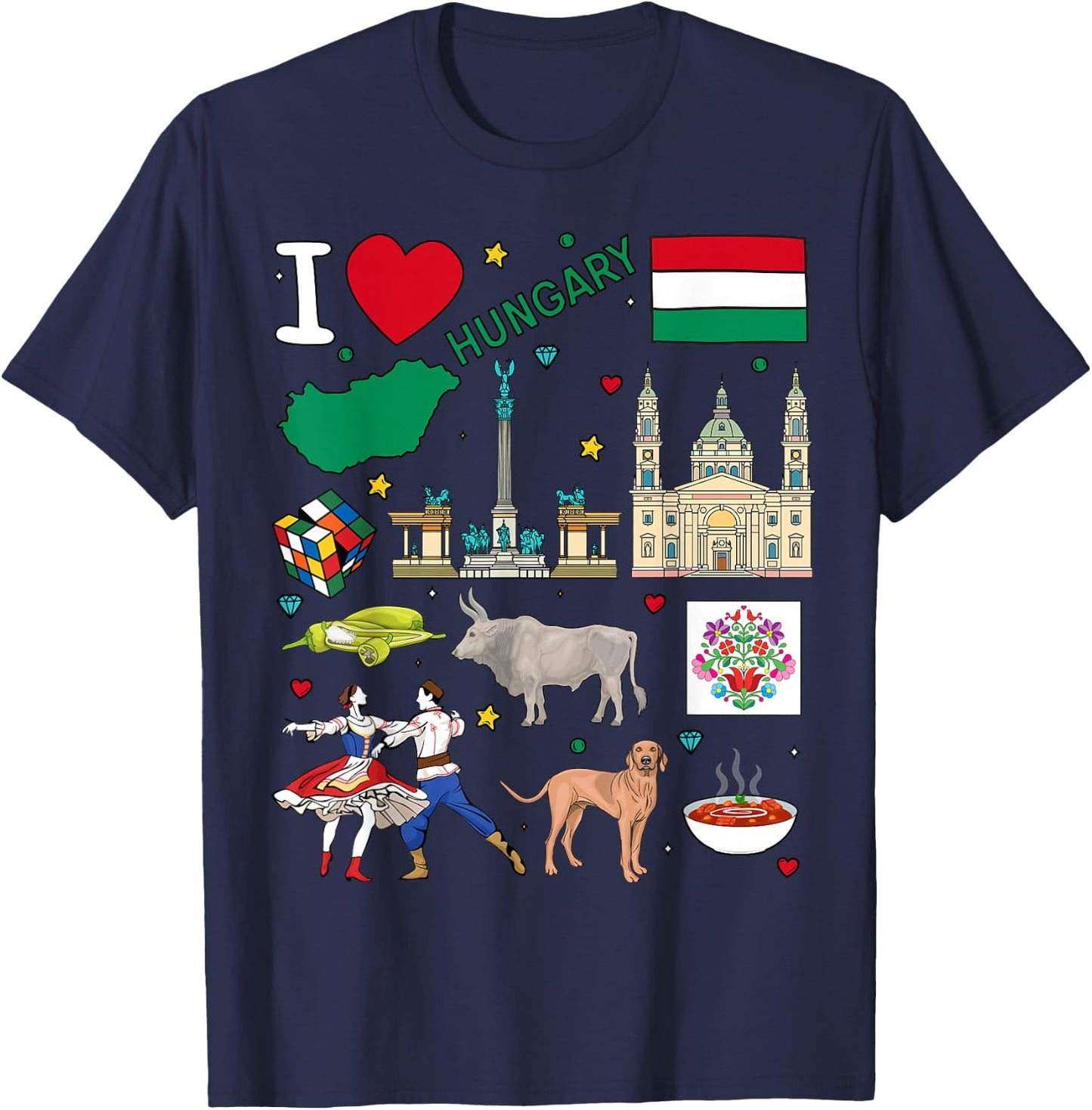 I love Hungary. Hand drawn Hungarian Landmarks, flag and map T-Shirt - T-Shirt | Navy