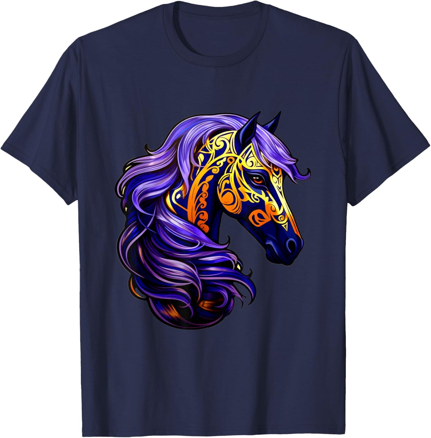 Purple Gold Black Horse Fantasy Swirl Wave Pattern Design T-Shirt - T-Shirt | Navy