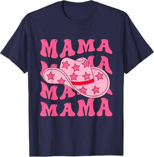 Pink Cowboy Hat Western Cowgirl Mama Groovy Country Mom T-Shirt - T-Shirt | Navy
