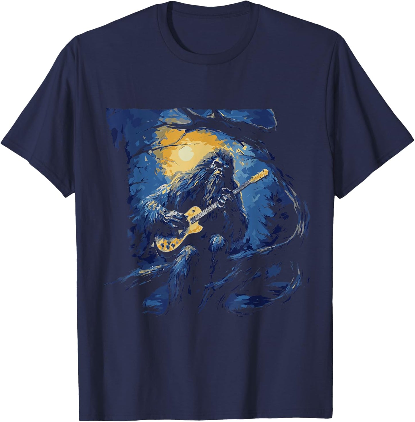 Bigfoot Playing a Guitar Starry Night Funny Sasquatch Rocker T-Shirt - T-Shirt | Navy