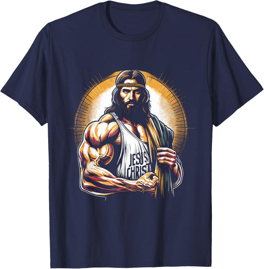 Muscular Jesus Christ - Funny Weightlifting Jesus Gym Sports T-Shirt - T-Shirt | Navy