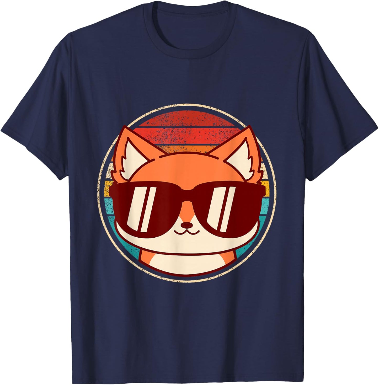 Retro Fox with Sunglasses and Vintage Backround T-Shirt - T-Shirt | Navy