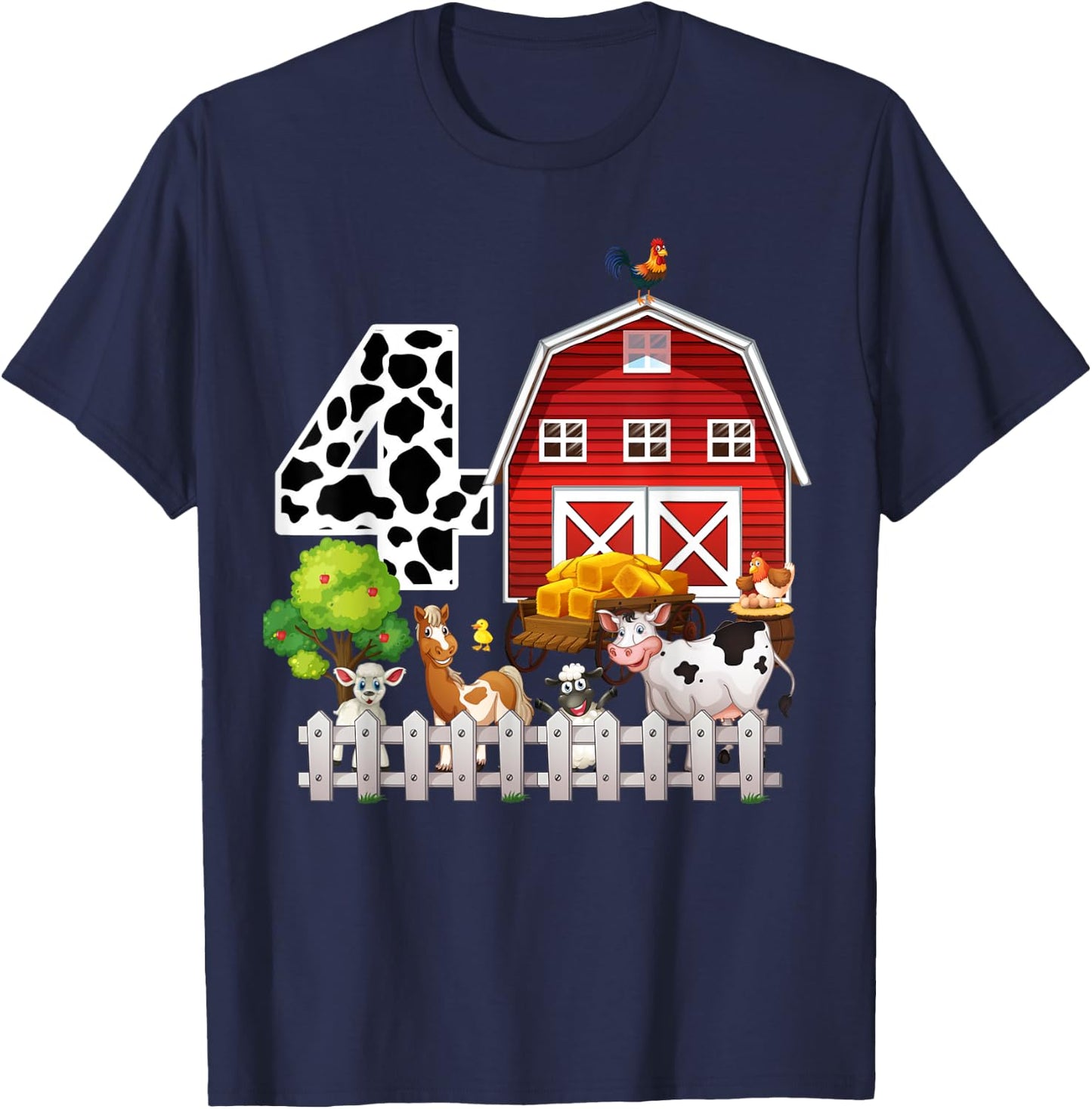 Farm Animals 4th Birthday 4 Year Old Birthday Kids Boy Girl T-Shirt - T-Shirt | Navy