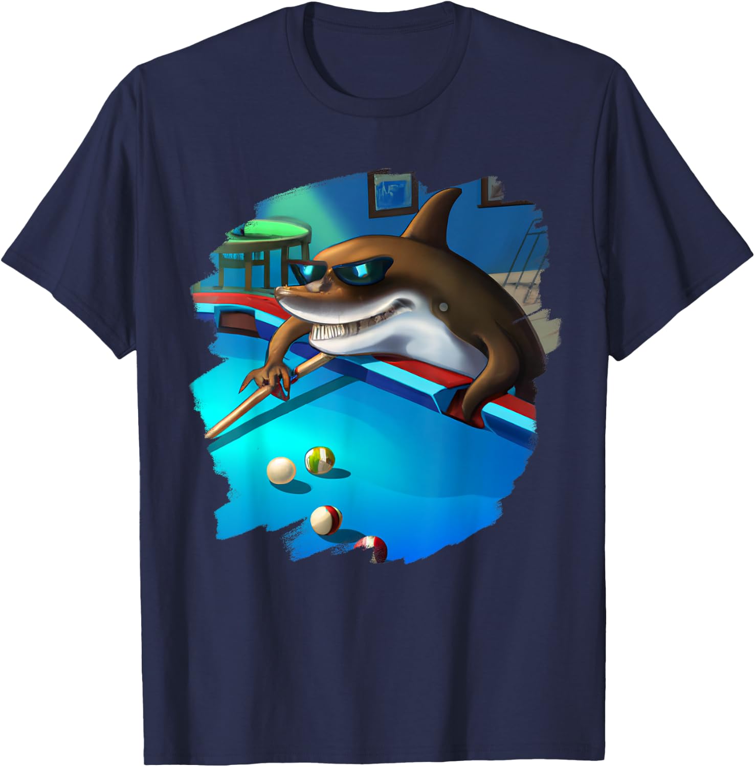 Cool Shark Playing Pool Billiards in Lounge Funny Sharks T-Shirt - T-Shirt | Navy