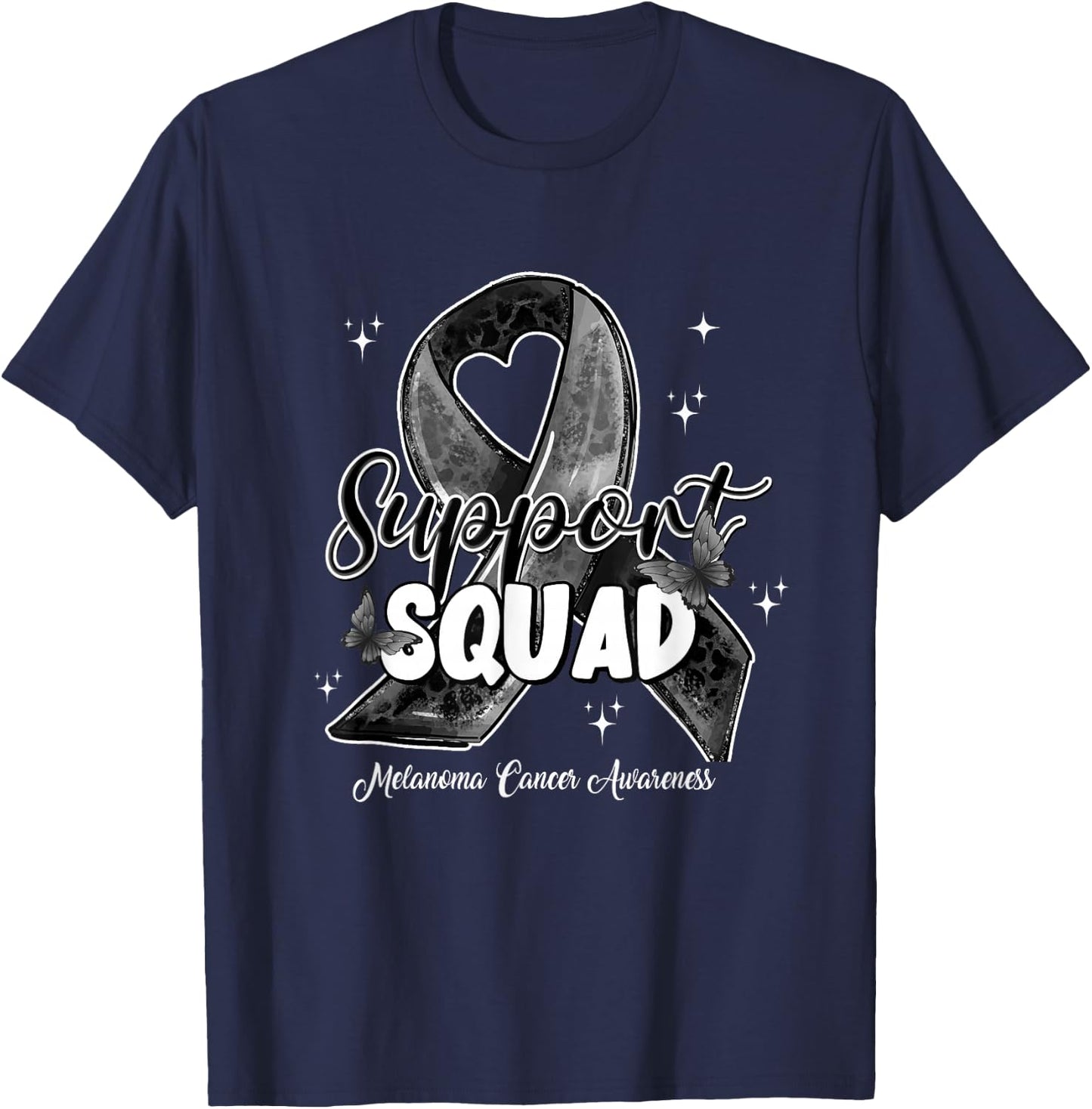 Support Squad Butterfly Black Ribbon Melanoma Cancer Gifts T-Shirt - T-Shirt | Navy