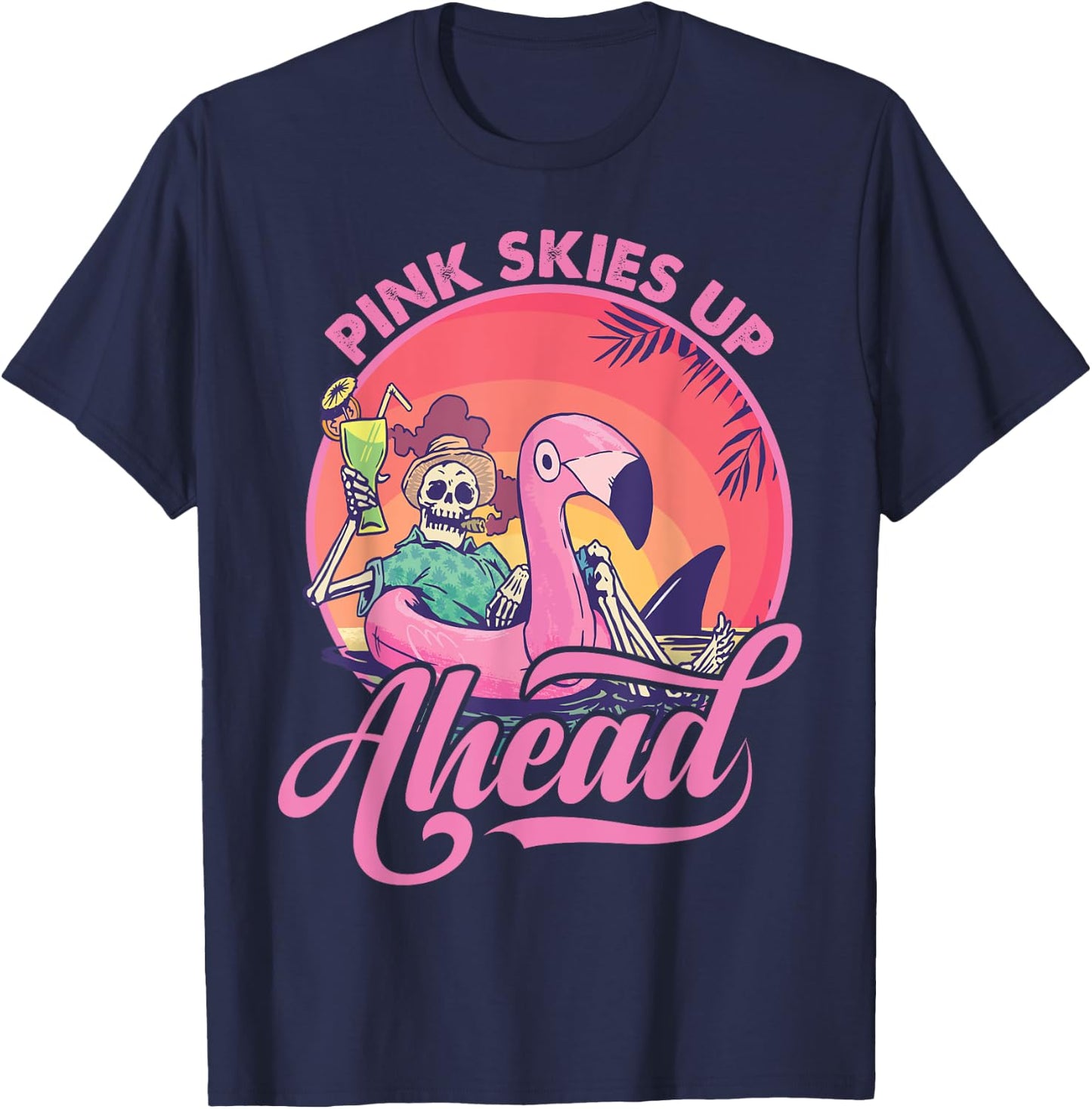 Pink Skies Up Ahead - Skeleton - Flamingo - Beach Women Kids T-Shirt - T-Shirt | Navy
