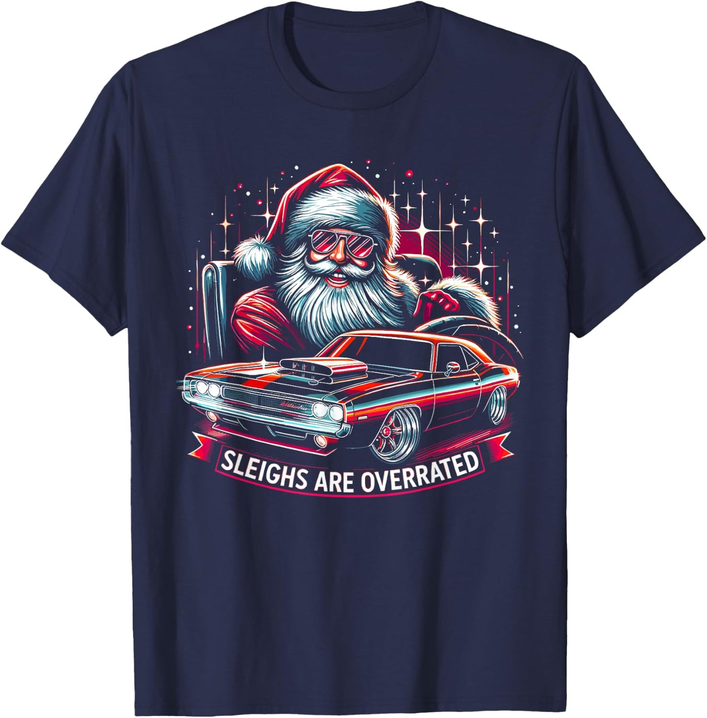 Classic Muscle Car Santa Hotrod V8 Enthusiast Christmas T-Shirt - T-Shirt | Navy