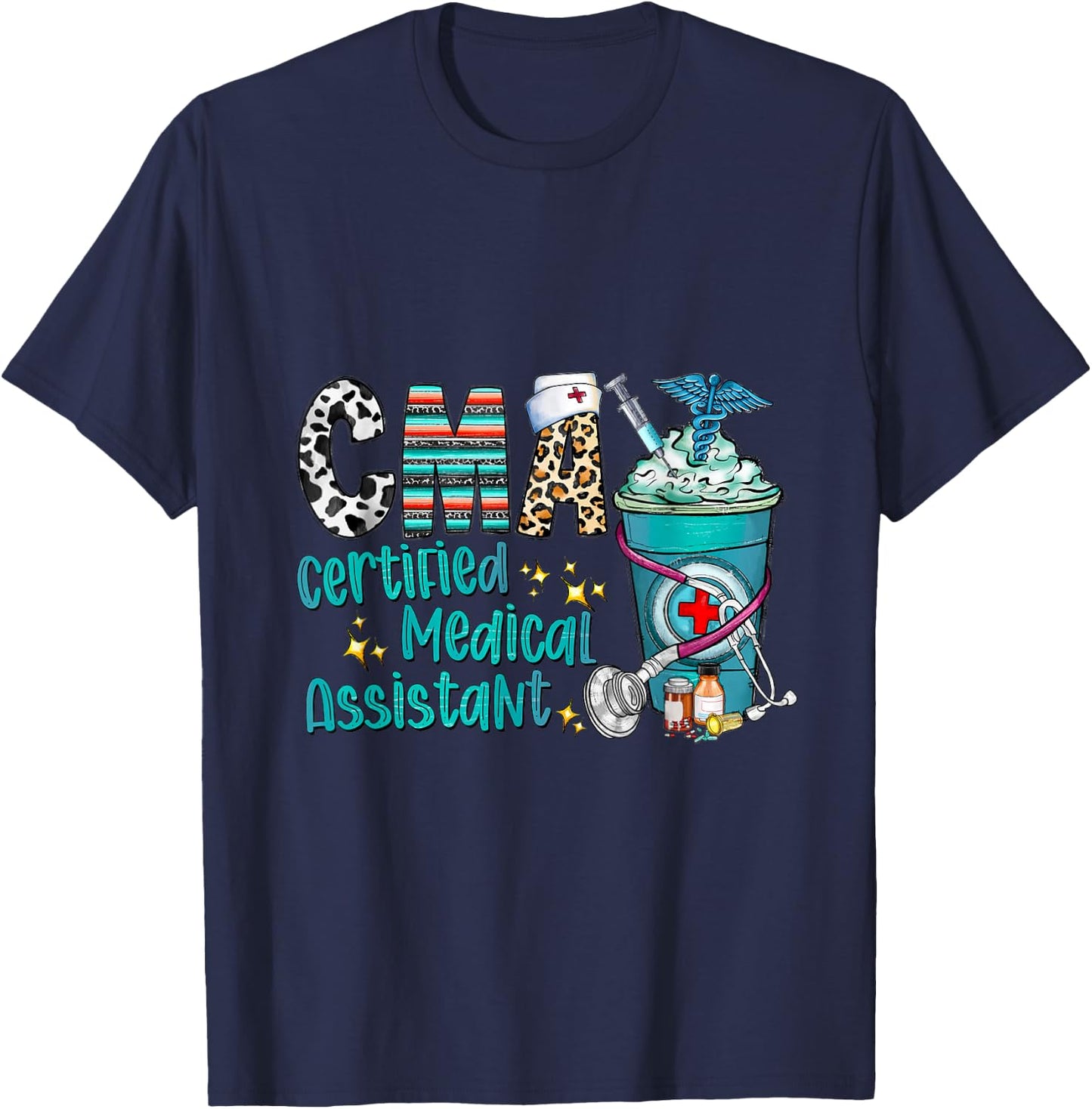 Certified Medical Assistant CMA Leopard Cowhide Coffee Cup T-Shirt - T-Shirt | Navy