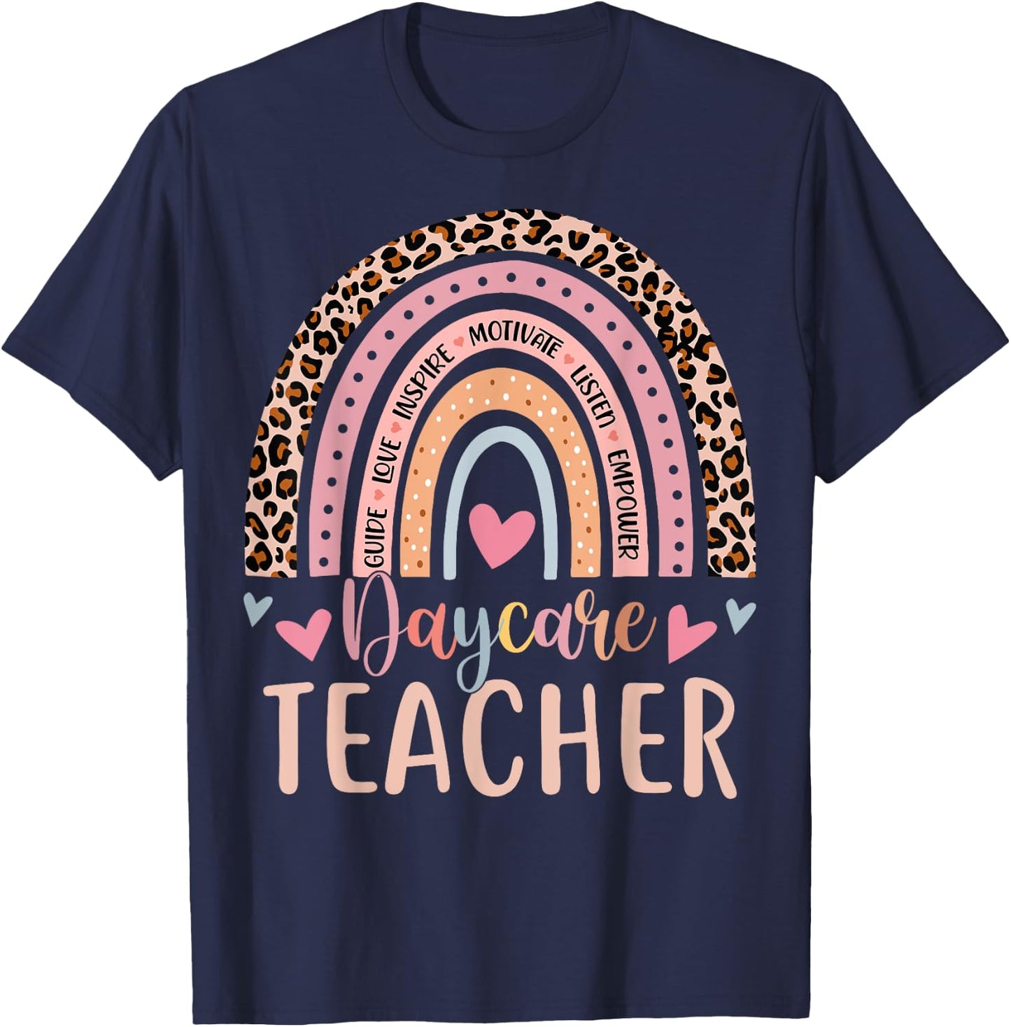 Cute Daycare Teacher Rainbow Leopard Print Childcare Worker T-Shirt - T-Shirt | Navy