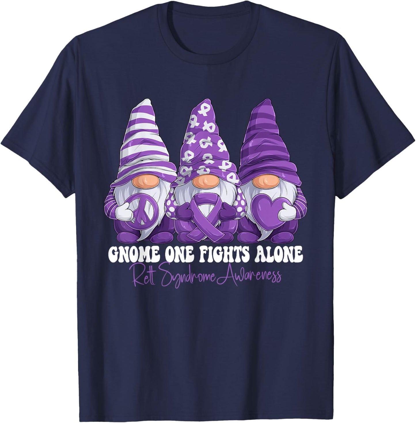 Rett Syndrome Awareness Month Purple Ribbon Gnomies Support T-Shirt - T-Shirt | Navy