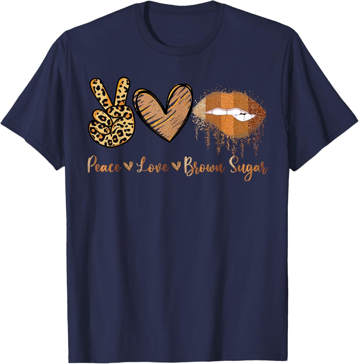 Peace Love Brown Sugar Leopard Hand Heart And Lips T-Shirt - T-Shirt | Navy