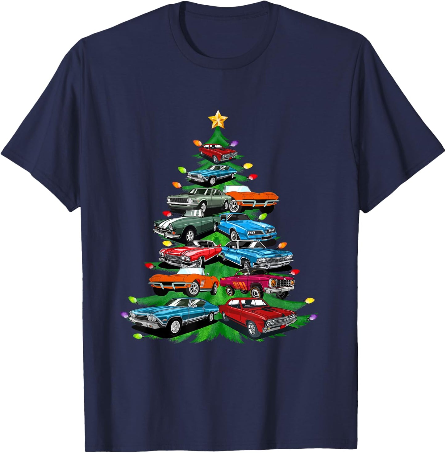 Car Madness Christmas Tree -Classic Muscle Cars and Hotrods T-Shirt - T-Shirt | Navy