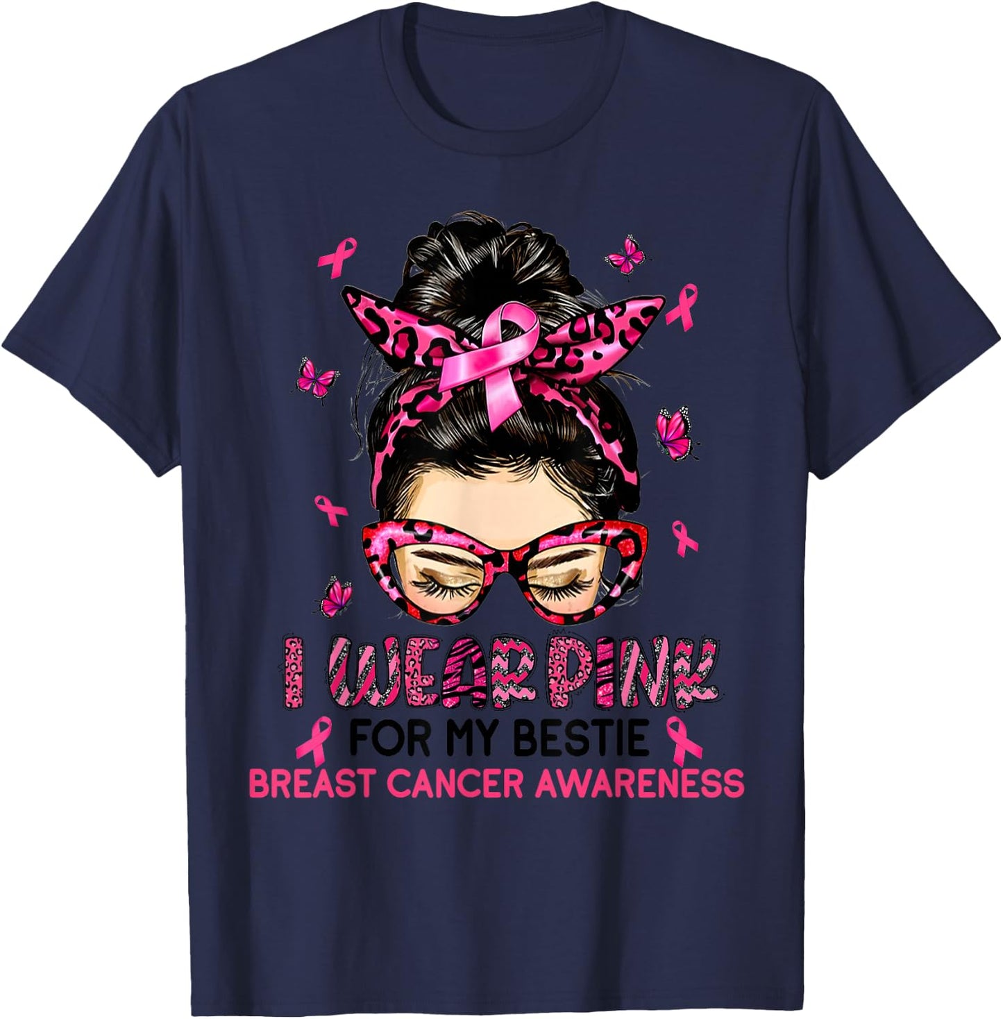 I Wear Pink For My Bestie Breast Cancer Awareness Leopard T-Shirt - T-Shirt | Navy