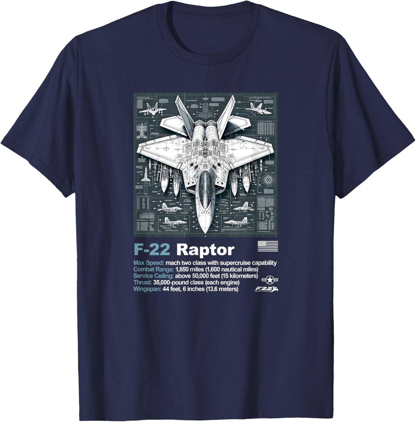 F22 Raptor Fighter Jet Blueprint Technical Drawing & Specs T-Shirt - T-Shirt | Navy