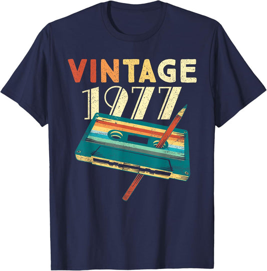 Vintage 1977 Music Cassette 48th Birthday Gifts 48 Years Old T-Shirt - T-Shirt | Navy
