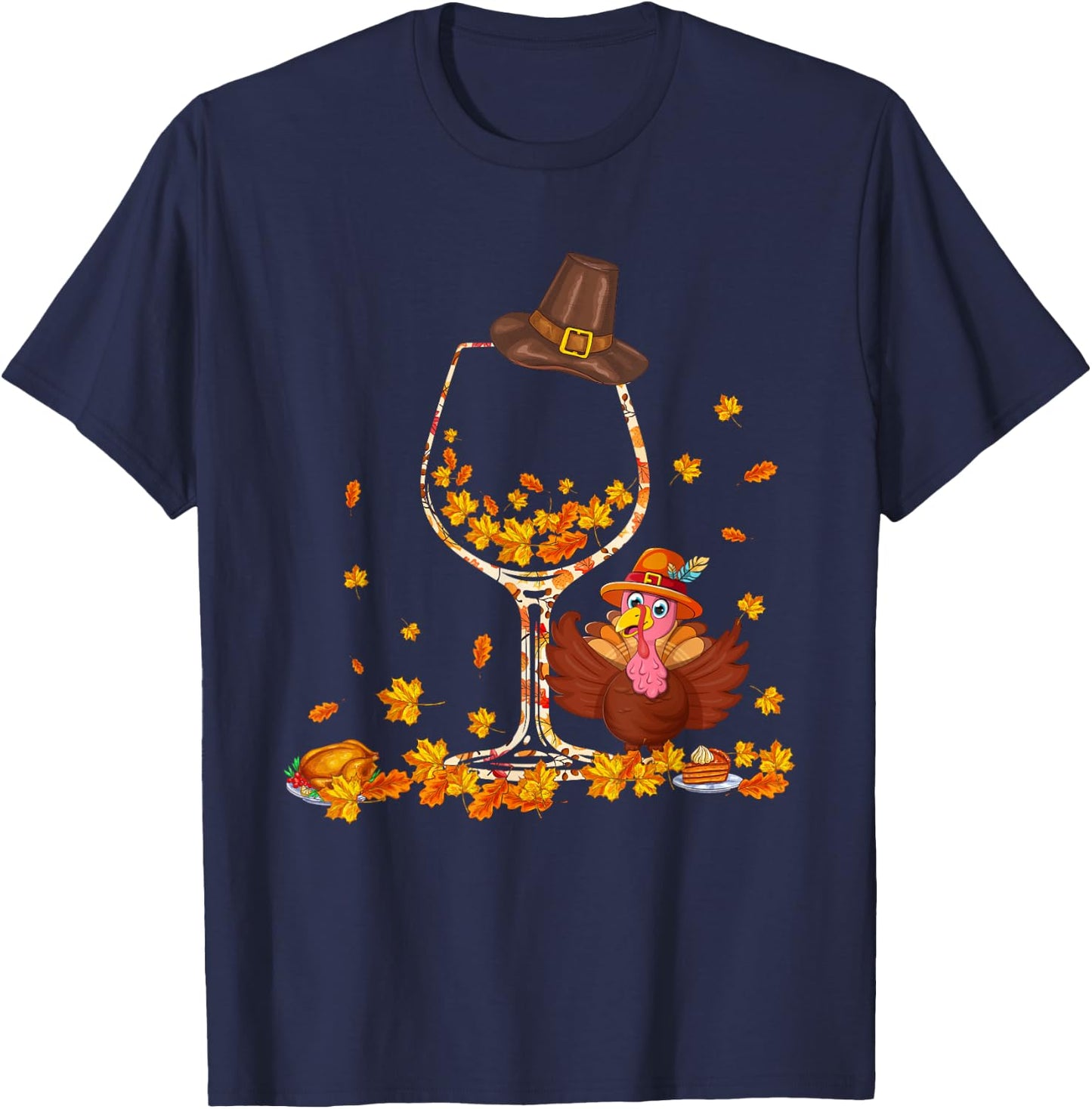 Fall Leaves Floral As Wine Glasses Shape Thanksgiving Turkey T-Shirt - T-Shirt | Navy