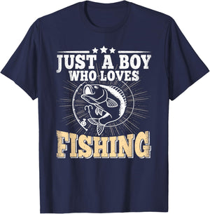 Just A Boy Who Loves Fishing Funny Bass Fish Fisherman T-Shirt - T-Shirt | Navy