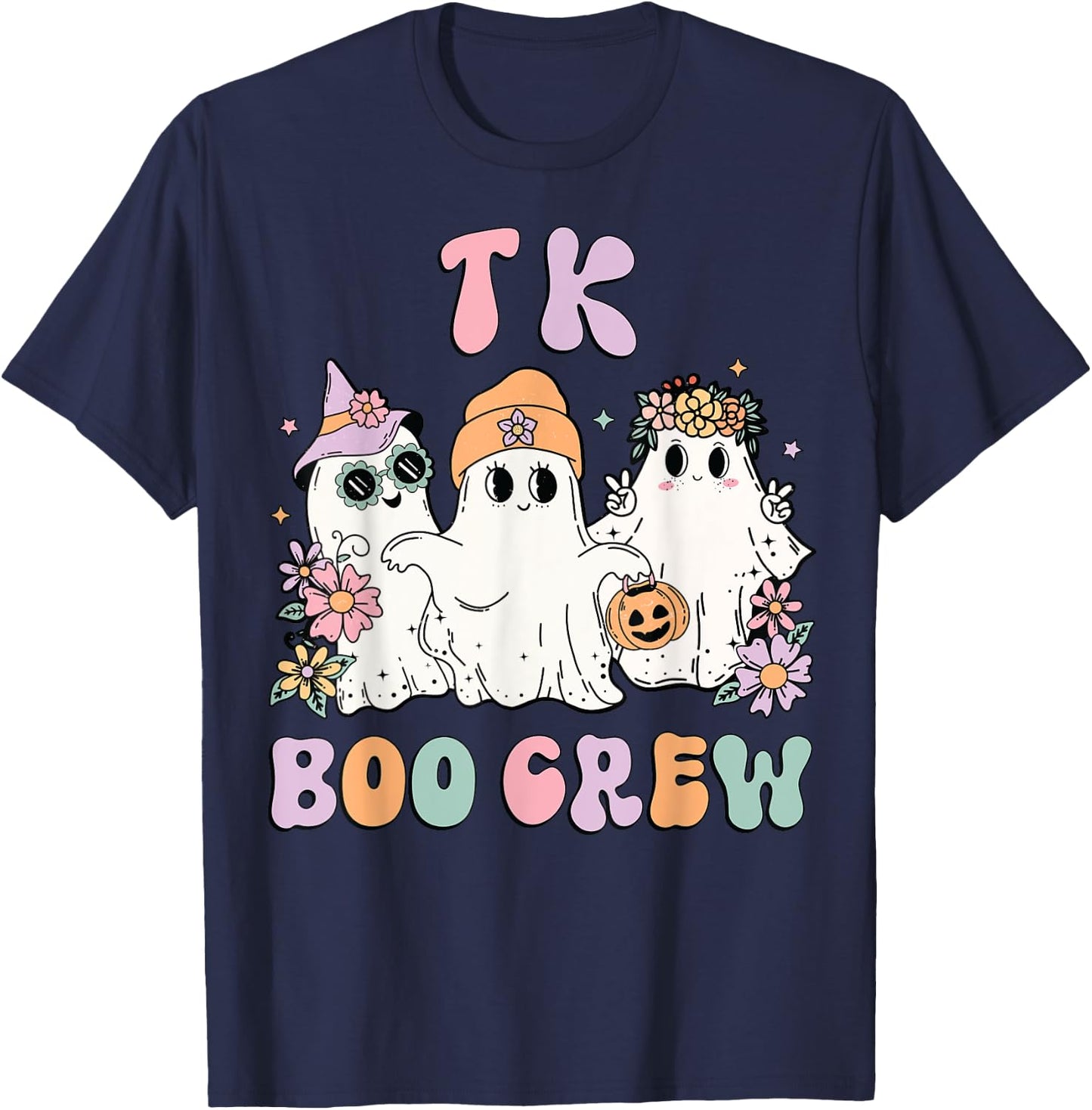 TK Boo Crew Retro Groovy Halloween Floral Ghost TK Teacher T-Shirt - T-Shirt | Navy