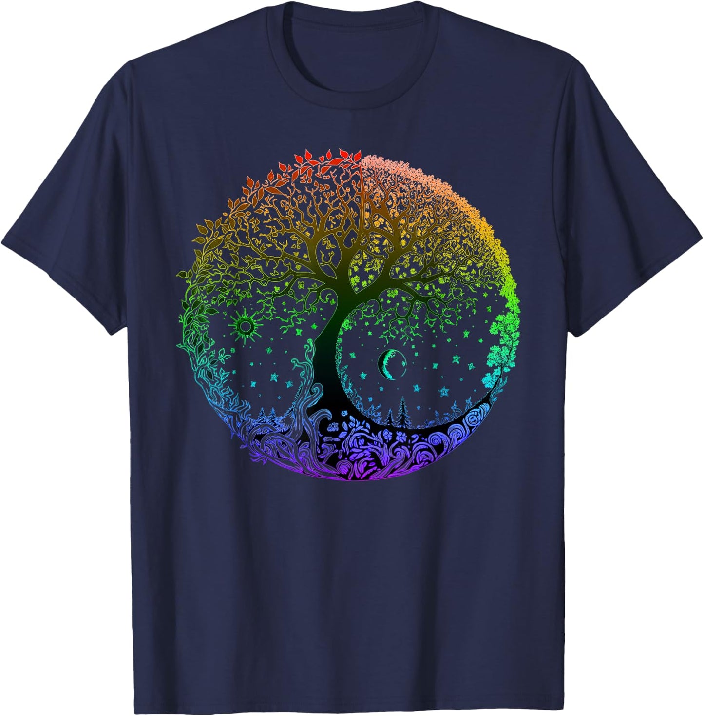 Tree of Life Sun Moon Seasons Mandala Chakras Yoga Graphic T-Shirt - T-Shirt | Navy