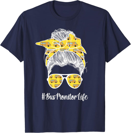 Bus Monitor Life School Bus Monitor Messy Bun T-Shirt - T-Shirt | Navy