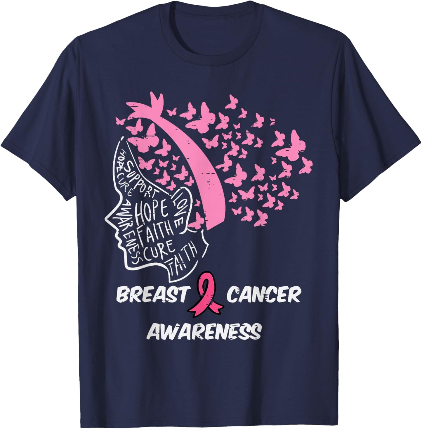 Butterfly Pink Ribbon Woman Breast Cancer Awareness Women T-Shirt - T-Shirt | Navy