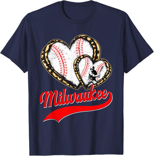 Vintage Milwaukee Baseball Leopard Heart Baseball Fans T-Shirt - T-Shirt | Navy