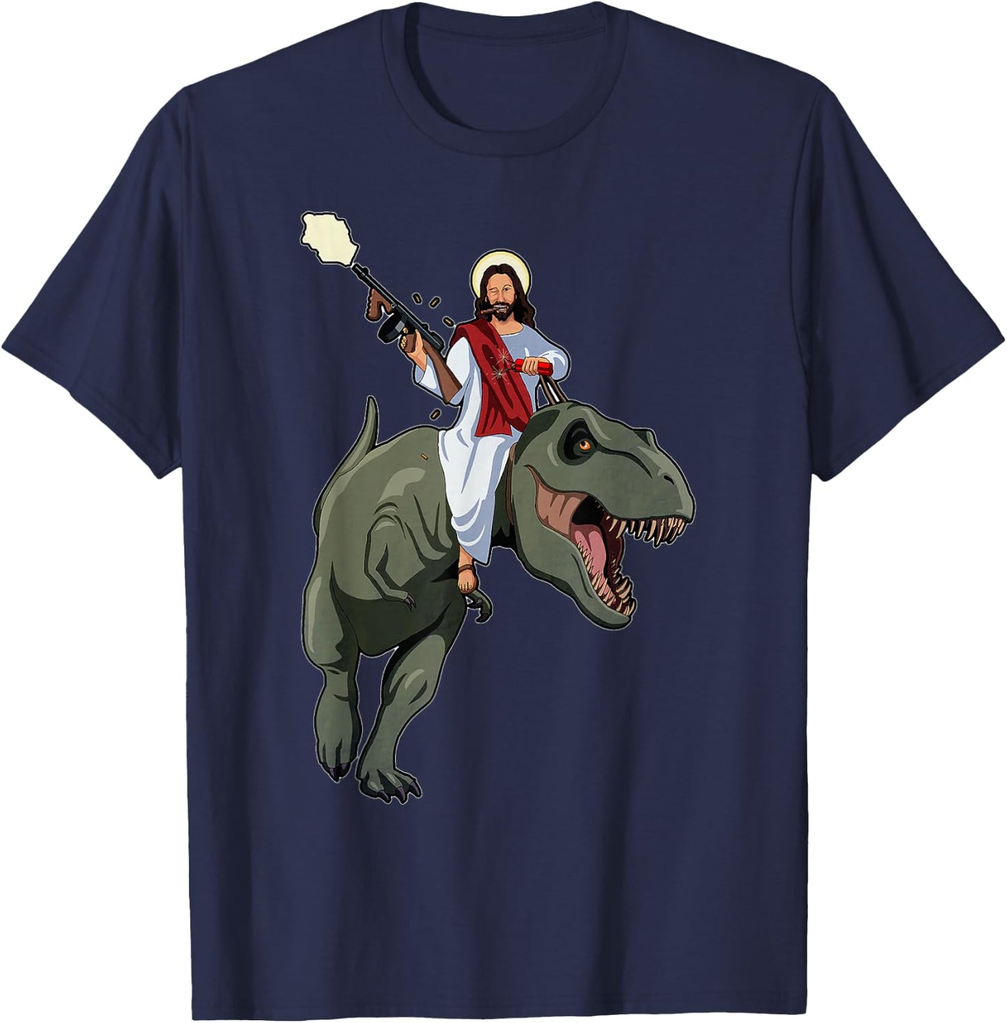Gun Jesus Riding A T-rex Dinosaur Funny Christian Dino Lover T-Shirt - T-Shirt | Navy