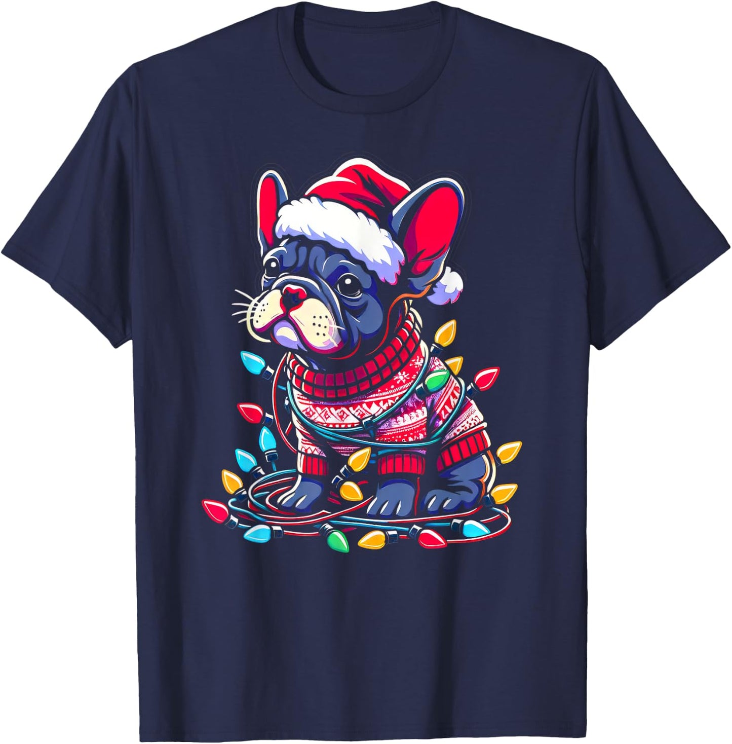 Funny Frenchie Tree Xmas Lights Pajama T-Shirt - T-Shirt | Navy