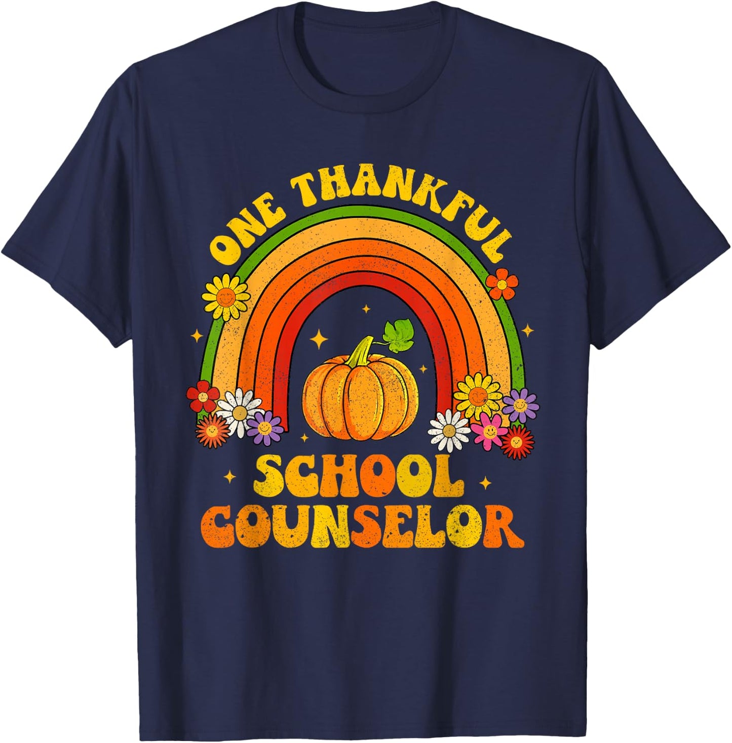 One Thankful School Counselor Groovy Rainbow Thanksgiving T-Shirt - T-Shirt | Navy