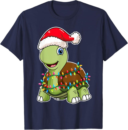 Christmas Lights Turtle Wearing Xmas Hat - Sea Turtle Lover T-Shirt - T-Shirt | Navy