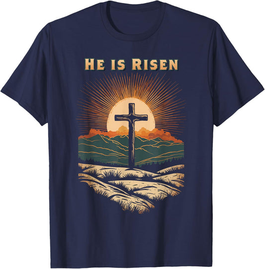 He Is Risen Easter Resurrection Jesus Christian Bible Verse T-Shirt - T-Shirt | Navy