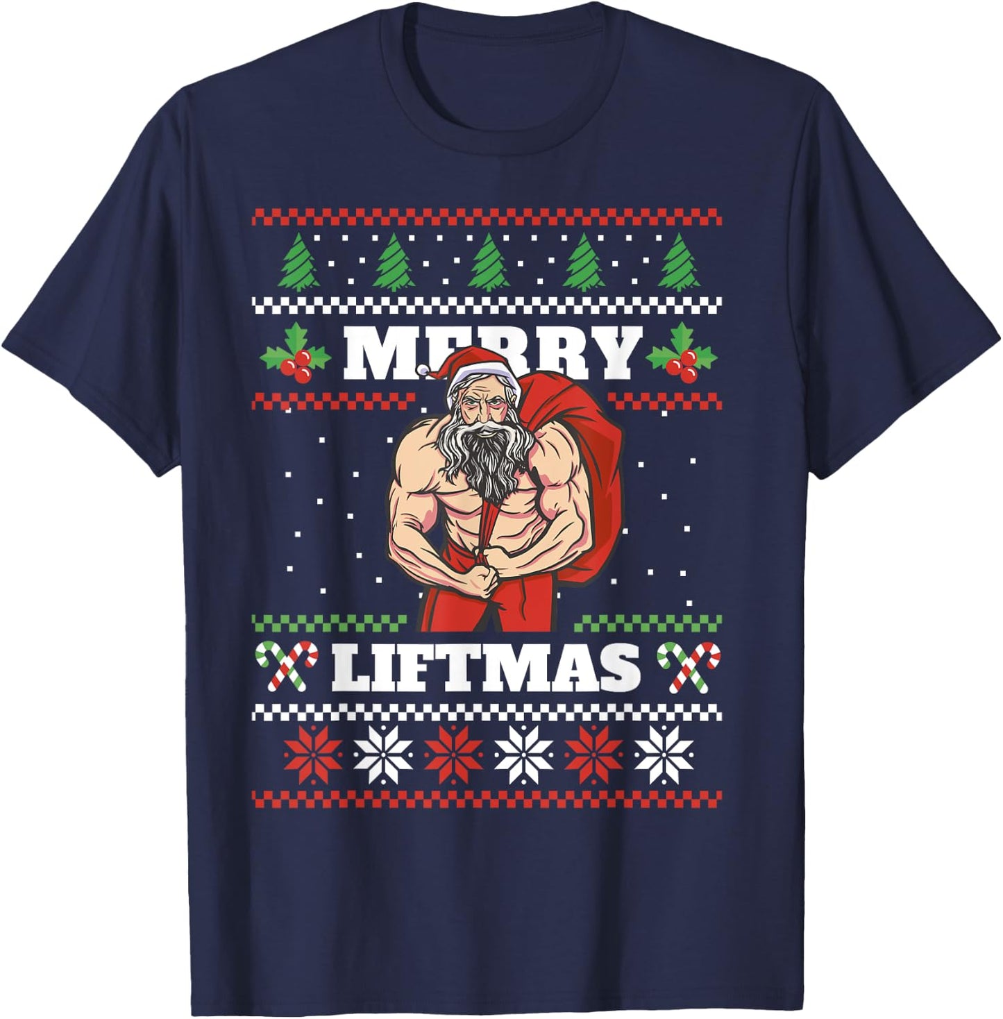 Funny Muscle Santa Lifting Christmas Ugly Christmas T-Shirt - T-Shirt | Navy
