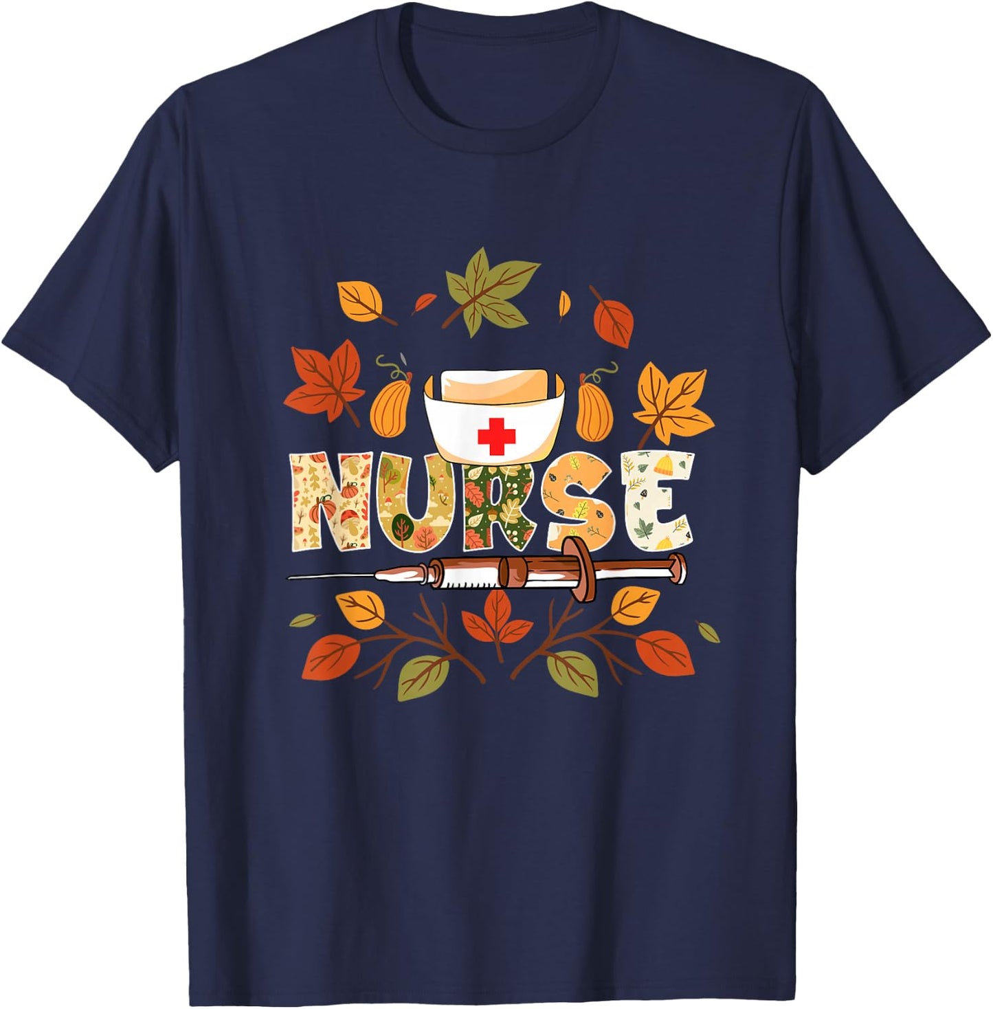 Autumn Fall Outfit Nurse Thankful Grateful Blessed T-Shirt - T-Shirt | Navy