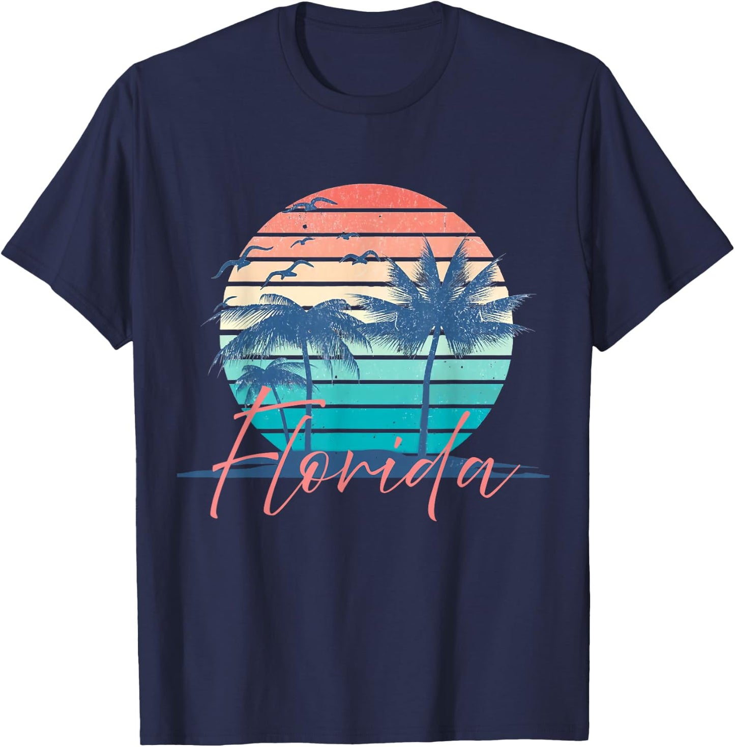 Florida Vintage Summer Vibes Beach Sunset Retro Palm Tree T-Shirt - T-Shirt | Navy