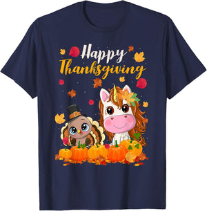 Cute Unicorn Turkey Pilgrim Thanksgiving Fall Little Girls T-Shirt - T-Shirt | Navy