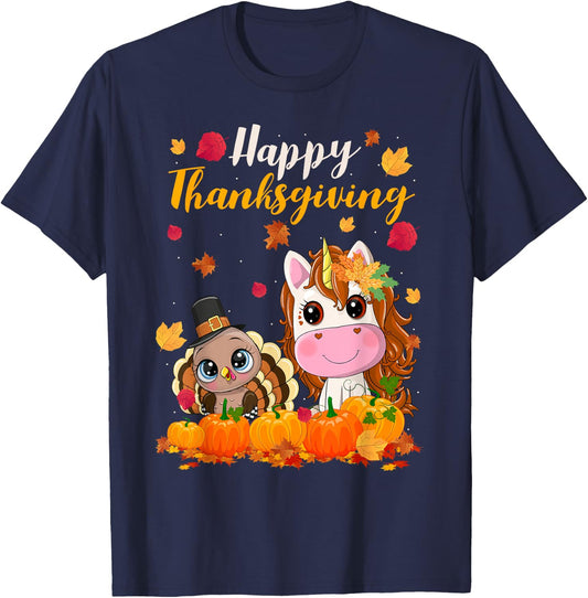 Cute Unicorn Turkey Pilgrim Thanksgiving Fall Little Girls T-Shirt - T-Shirt | Navy