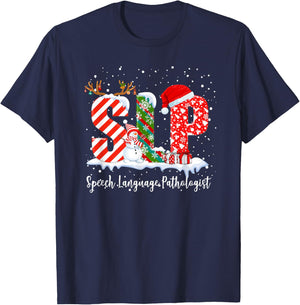 Funny SLP Speech Language Pathologist Santa Christmas Pajama T-Shirt - T-Shirt | Navy