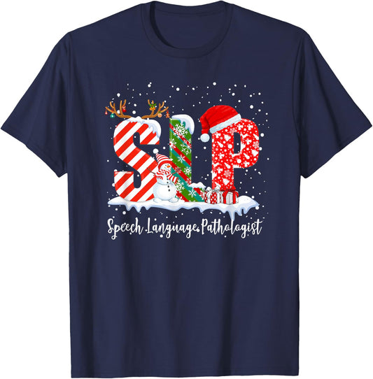 Funny SLP Speech Language Pathologist Santa Christmas Pajama T-Shirt - T-Shirt | Navy