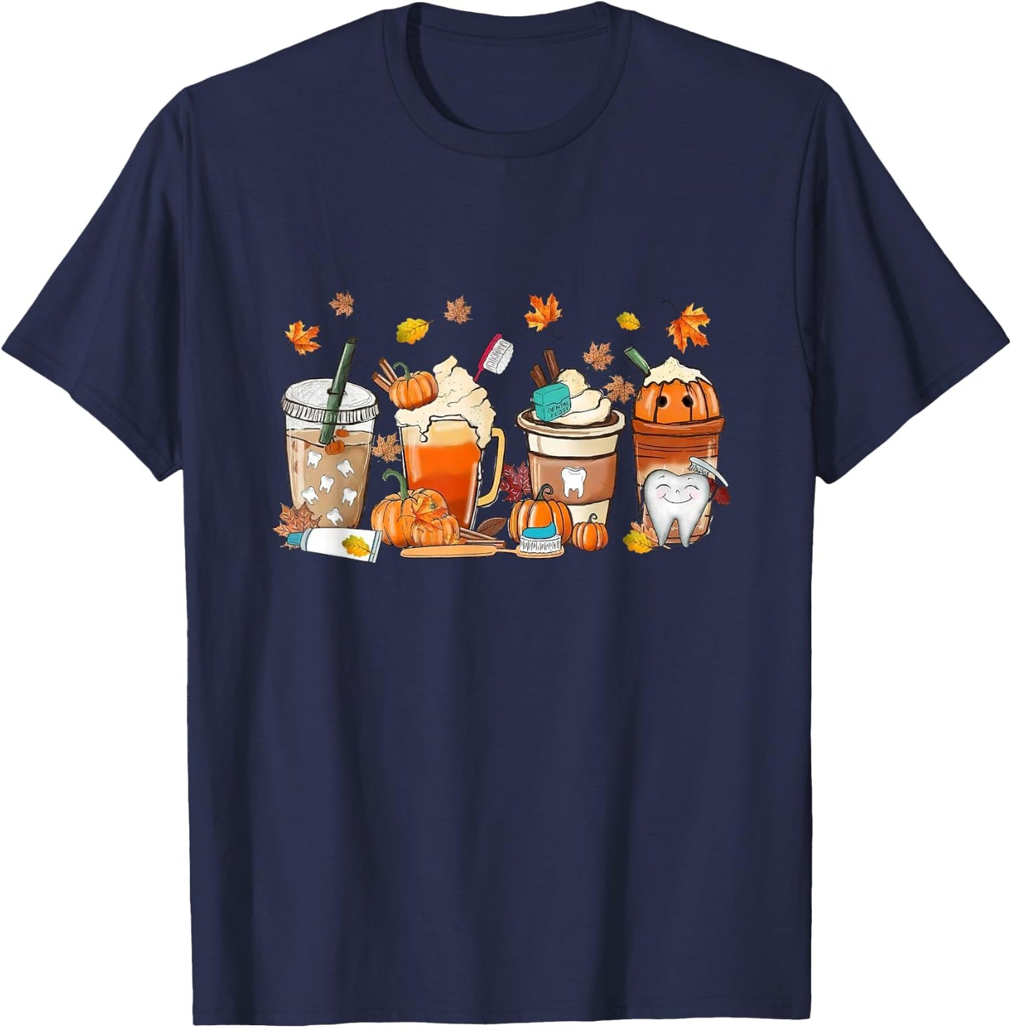 Retro Fall Coffee Dentist Tooth Thankful Dental Hygienist T-Shirt - T-Shirt | Navy