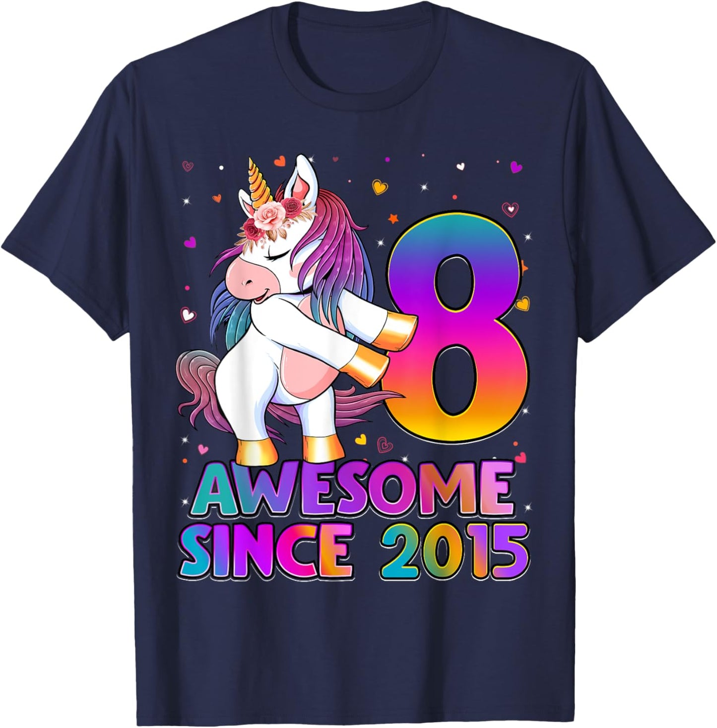8 Years Old Unicorn Flossing 8th Birthday Girl Unicorn Party T-Shirt - T-Shirt | Navy