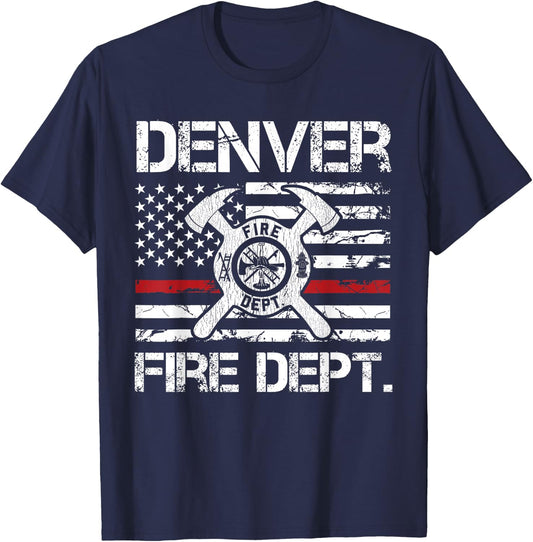 Denver Colorado Fire Department Thin Red Line Logo T-Shirt - T-Shirt | Navy