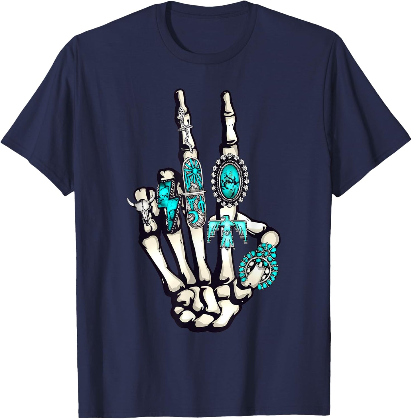 Skeleton with Turquoise Hand Western Skeleton Rings Lover T-Shirt - T-Shirt | Navy