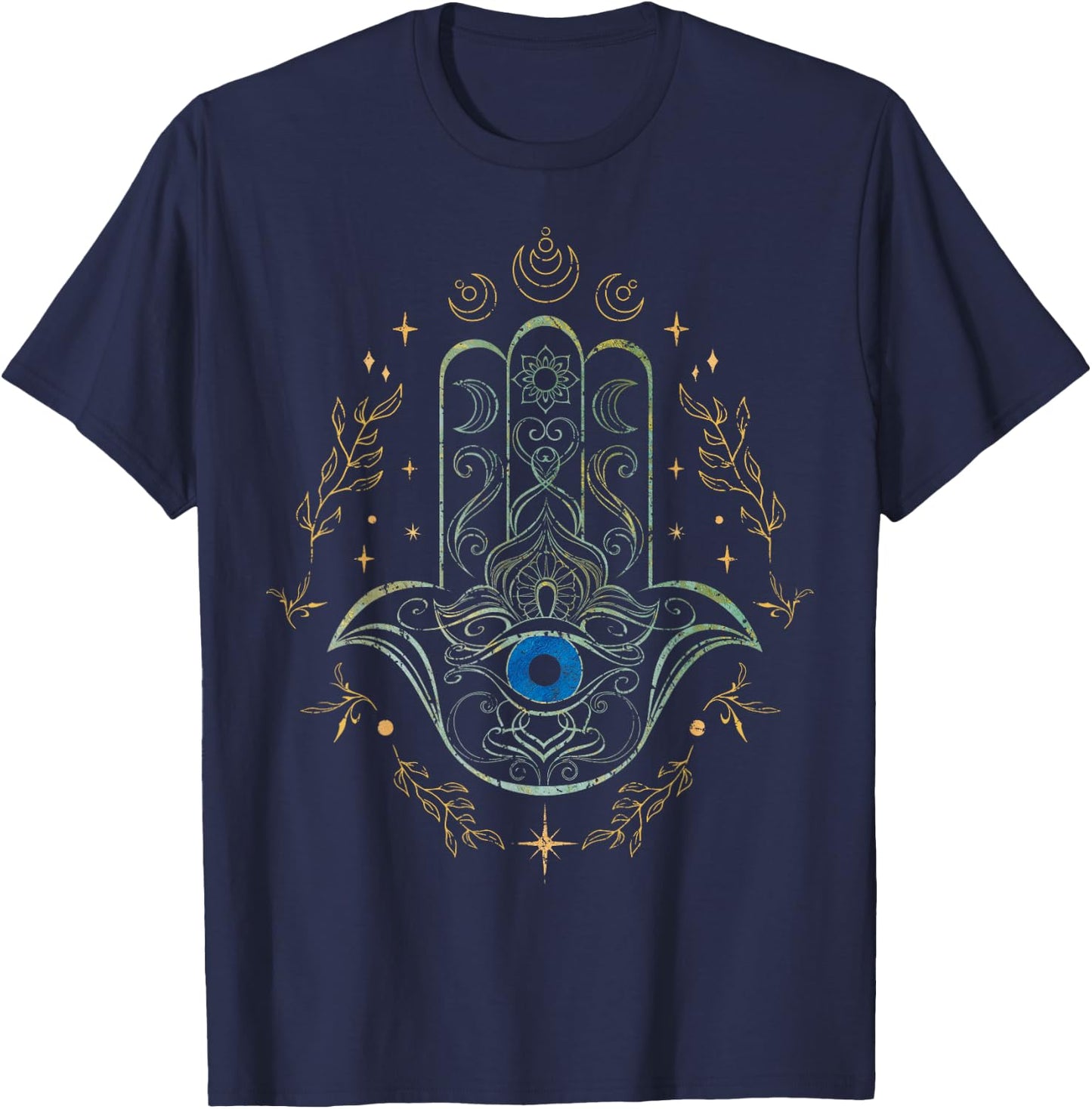 Evil Eye Hamsa Hand Nazar Amulet Protection Celestial Yoga T-Shirt - T-Shirt | Navy