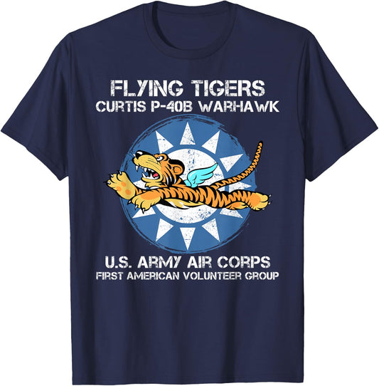 Flying Tigers Curtis P-40B Warhawk World War 2 Airplane T-Shirt - T-Shirt | Navy