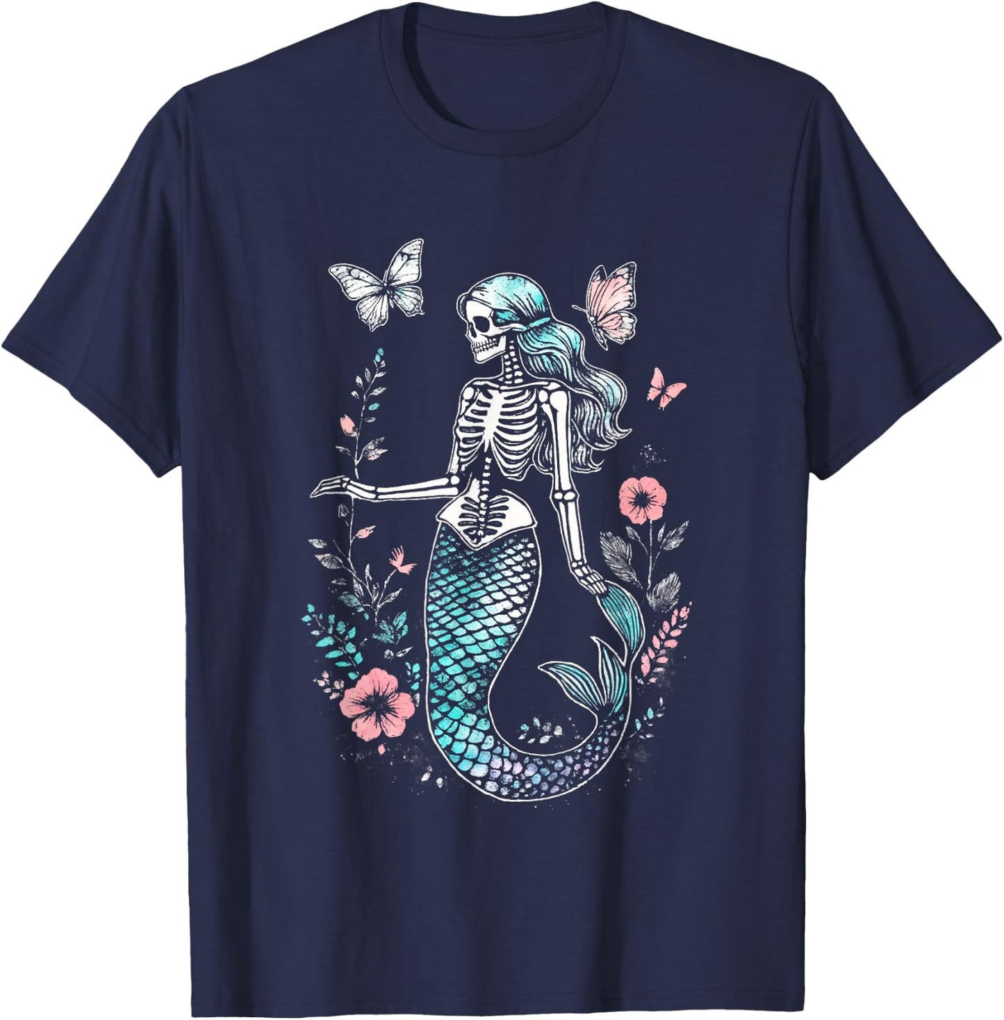 Goth Floral Butterflies Kawaii Skeleton Mermaid T-Shirt - T-Shirt | Navy