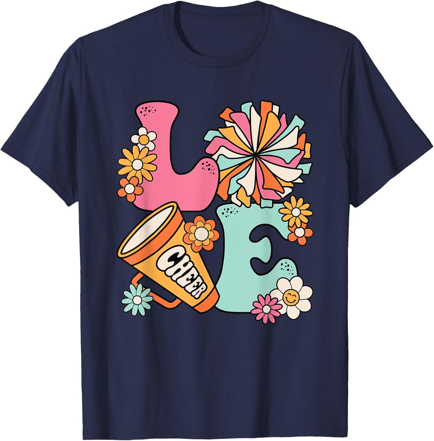 Love Cheer Groovy Cheerleader Cheerleading Women Girls Teens T-Shirt - T-Shirt | Navy