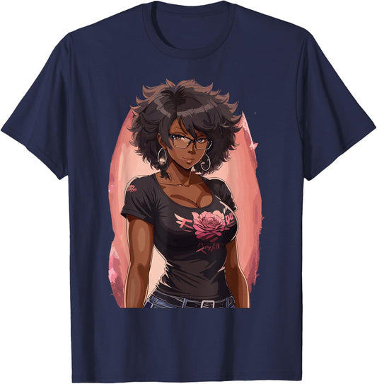 Black Anime Girl Kawaii Waifu Aesthetic Japanese T-Shirt - T-Shirt | Navy